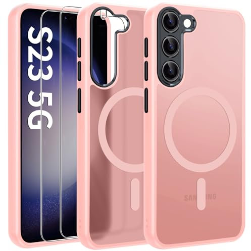 Opkiegrn Magnetisch HandyHülle Kompatibel mit Samsung Galaxy S23 Kompatibel mit MagSafe mit 2 Schutzfolie, Vollständiger Kameraschutz, Stoßfest Dünn Durchscheinende Matt SchutzHülle (Rosa)