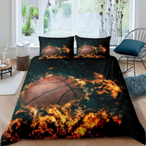 Kinder Bettwäsche-Sets Basketball 3D Druck 3-Teilig Bettwäsche 100% Mikrofaser Weiche Mit Reißverschlus Soft Bettbezüge Mit 2 Kissenbezug - Bequem Und Pflegeleicht 135X200 cm -2299819129378