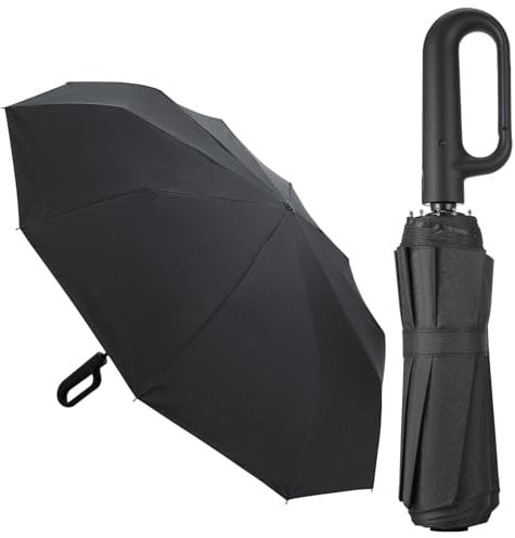 patinadrift Regenschirm Groß, 10 Rippen Taschenschirm Schwarz Sturmfest Regenschirm Tragbar Schnallenschirm Automatisches Schirm Windfest Regenschirm Sonnenschirm für Herren und Damen