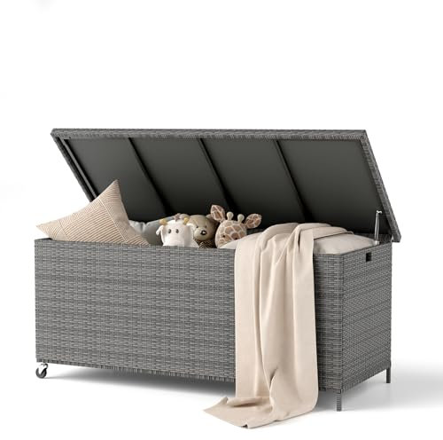 Amopatio Gartenbox Auflagenbox wasserdicht 480 Liter, Kissenbox Outdoor aus Polyrattan, Aufbewahrungsbox Metall mit Rollen & Gasdruckfedern, Gartenkiste wetterfest für Garten, Balkon, Grau