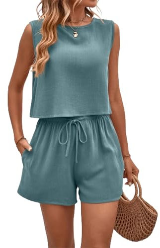 YOMORIO Damen Zweiteiler Sommer Hosenanzug Jogginganzug Set Elegant Outfits Kleidung 2 Teiler Set Crop Tank Top und Shorts Aesthetic Clothes Workout Sport Anzug Blau M