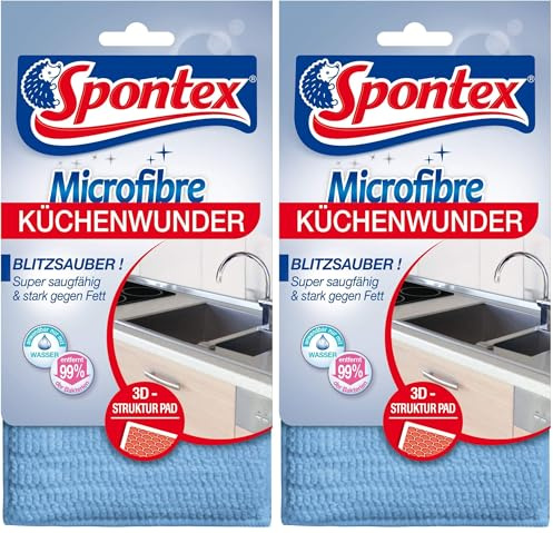 Spontex Microfibre Küchenwunder, 3D Mikrofaser-Pad mit Schwammkern, ideal für alle Küchenoberflächen, effizient gegen Schmutz und Fettrückstände, 1 Stück (Packung mit 2)