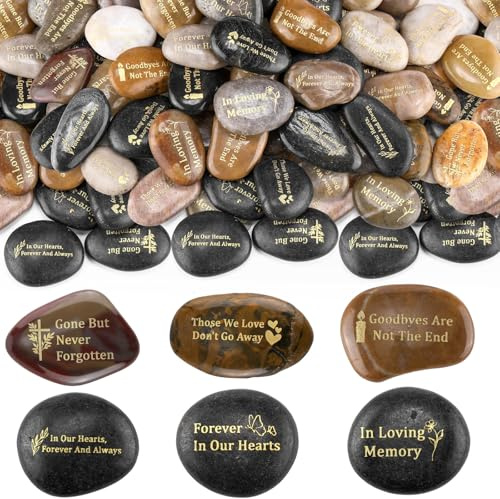 Yuntau 60 Pcs Memorial Stone 1.97 Inch Celebration of Life Favor Inspirational River Rock Engraved in Loving Memory Funeral Favor Decoration for Memorial Day Gift (Deep Color,Classic Style)