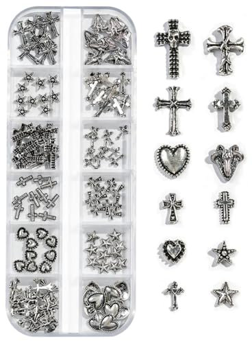 Cross Nail Charms,1Boxes 12Grids 3D Silver Goth Nail Gems,Vintage Metal Alloy Cross Star Heart Nail Charm Rhinestones Studs for Women Girls Manicure Design (A)