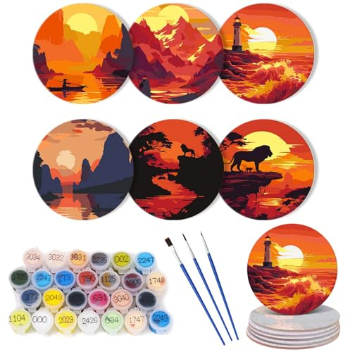 CXINLky 6 pièces Sous-verres à Peindre par Numéros avec Support, Sous-verres à Peindre par Numéros 5D Antidérapants, Sous-verres à Peindre par Numéros pour Tasses, Verres à Vin, Vases - 11 - Coucher