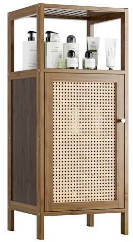 vovala Petite de Salle de Bain sur Pied en Bambou avec Portes en rotin, Armoire de Rangement latérale étroite à 4 Niveaux, Armoire Peu encombrante pour Linge, Cuisine, Salon (Noyer)