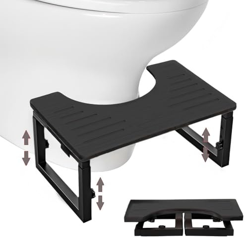Duscdesp Toilettenhocker, Toiletten hocker Erwachsene,Höhenverstellbarer Klohocker, Hergestellt aus Metall und Holz, Klo hocker Klappbar, Rutschfester Toilettenstuhl, Kackhocker für Kinder (Schwarz)