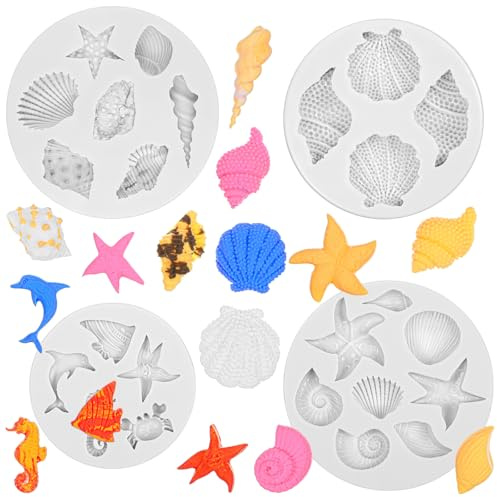 LIQWEI 4 Stück Meerestiere Silikonform, Muscheln Fondantformen Mit Meeresmotiven Meerestiere Backform Set Ozean Tier Silikon Backformen Für Selbstgemachte Kuchendekoration Schokolade Fondant