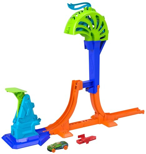 Hot Wheels Toy Car & Track Set, Stunt Tracks Power Launch Champion with 1.5-Foot Jump with Catch Cage, Speed Snap Track Compatible, 1:64 Scale Vehicle