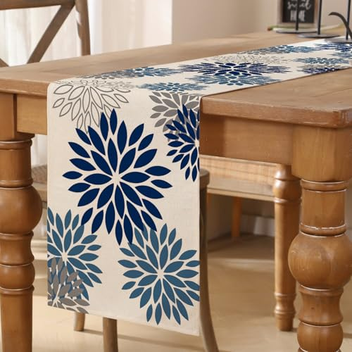 Chemin de Table Bleu Fleurs Marine Brume Bleu Dahlia Décoration de Table Nappe Deco Champetre pour Halloween Noël Mariage Salle à Manger Intérieur Vacances Fête Décor 40x180 cm