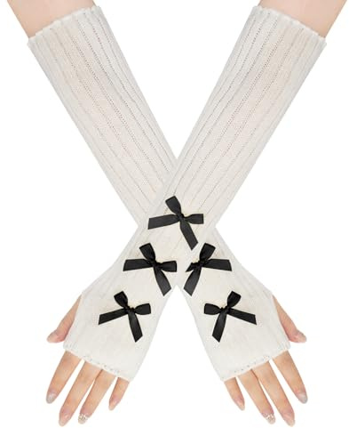 LJCZKA Damen Armstulpen Y2K Niedliche Schleife Armstulpen,Gestrickte Lange Ärmel Fingerlose Handschuhe Winter Armstulpen mit Daumenloch für Cosplay,Gyaru Zubehör