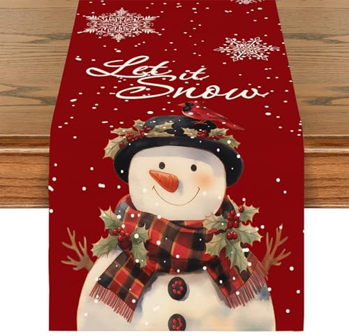 BSITSSS Christmas Table Runner, Snowman Christmas Table Runners, Snowflake Christmas Runner, Red Merry Xmas Tables Runners for Indoor Outdoor Home Party Christmas Decor (33 x 183cm)