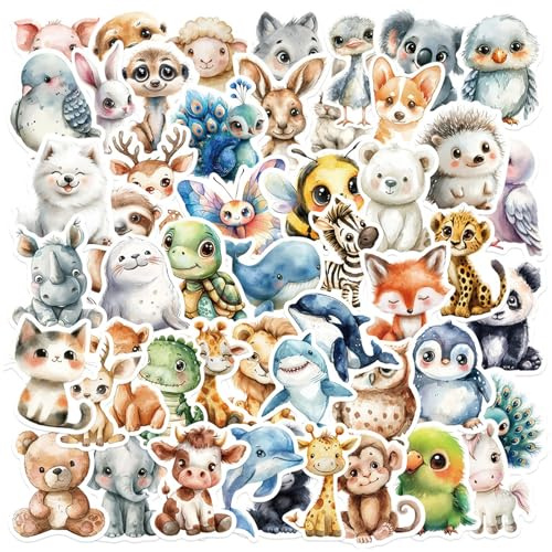 Hautllaif Tier Sticker Set 50 Stück – Niedliche Tiere Aufkleber für Kinder, Bunte PVC Sticker Tiere – Wasserfest & Rückstandsfrei, Ideal für DIY Laptop Wasserflasche Skateboard Tagebuch Gepäck