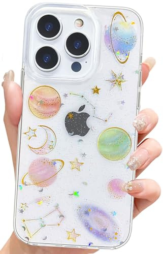 Efitoo for iPhone 16 Pro Case Glitter Clear with Planet Design Cute Girly Women Aesthetic Bling Sparkle Stars Moon Transparent Soft TPU Kawaii Shockproof Protective Phone Cover (Space Theme)