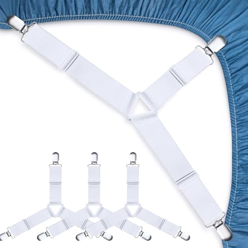 TIMEMEET 4 Stück Bettlakenklammern, dreieckig, elastisch, weiße Spannbetttuch-Clips, Bettbänder, Bettlaken, verstellbare Halter, Anti-Rutsch-Bettwäsche Halter, für Matratzenbezüge, Sofakissen