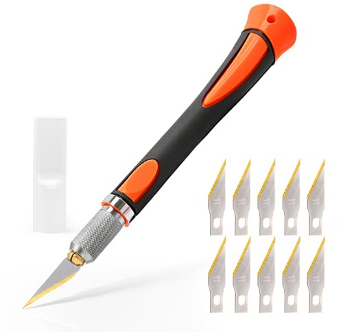 EHDIS Taglierino di Precisione con 10 Lame di Titanio, Bisturi Modellismo di Gomma Antiscivolo, Cutter di Precisione, per Lavoro Artistico Taglio, Scultura,Arancione