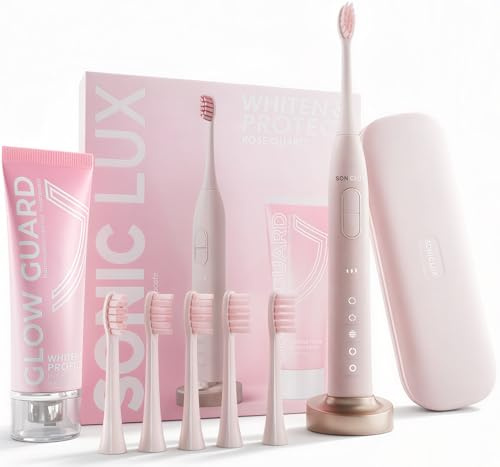 SMILE NOVA Sonic Lux Pink Elektrische Zahnbürste - Luxuriöse wiederaufladbare Schallzahnbürste mit GlowGuard Nano-Hydroxyapa Whitening Zahnpasta & 6 Bürstenköpfen