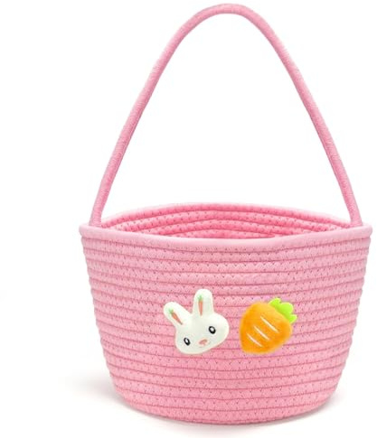 Bigepige Osterkörbchen mit Plüschhase und Karotte, Osterkorb zum Befüllen für Kinder, aus Baumwollseil mit Henkel, Ostergeschenk für Babys, Kleinkinder, Jungen und Mädchen Rosa
