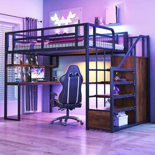vutizal Hochbett 140x200 cm Schwarz mit Schreibtisch und Schrank | Metallbett mit Stauraum für Erwachsene & Jugendliche | Ideal für kleine Apartments & WGs