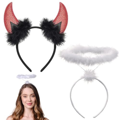 LKJAUOZ Haarreif Heiligenschein weiß und Teufelshörner Haarreif |Haarreifen Engel und Dämonen | Kopfschmuck für Damen, Herren & Kinder |für Kostüm Party, Fasching, Karneval