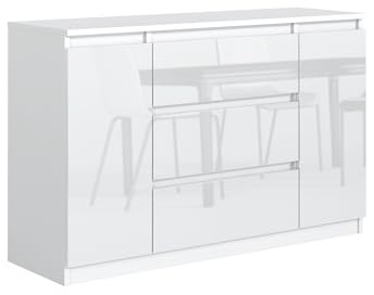 Masseno Kommode NUDO 120 cm Sideboard mit 3 Schubladen und 2 Türen für Wohnzimmer Schlafzimmer Modern 120x39x78,5 cm Weiß/Weiß