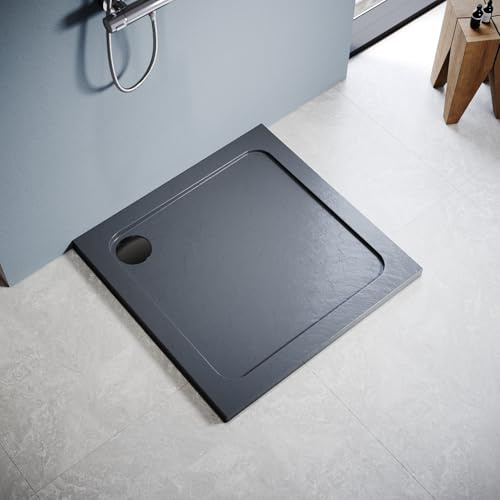 ZANOFIRA 760 x 760mm Grey Stone Shower Tray Anti-Slip Slimline 40mm Low Profile Shower Base with Anti-Slip Surface Reinforced Resin Stone Shower Tray with 90mm Waste Trap for Shower Enclosure
