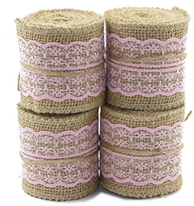 Toyvian Juteband Sackleinen Band mit Spitze Tischläufer für DIY Handwerk Vintage Hochzeit Weihnachten Deko 6x200cm 4 Stück (Rosa)