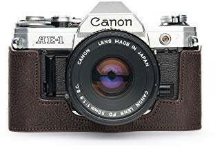 Case for Canon New AE-1 A-1 (No Handle), Zakao Handmade Genuine Real Leather Half Camera Case Bag Cover for Canon New AE-1 A-1 (No Handle) With Hand Strap (Coffee)
