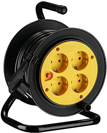 XUANSHI Mini Kabeltrommel, 15m H05VV-F 3G1,5 Kabel - Thermoschutz - IP20 Indoor/Kabelrolle mit 4 Schuko-Steckdosen / 4-fach Kabelbox mit Verlängerungskabel/Leitungsroller für den Innenbereich