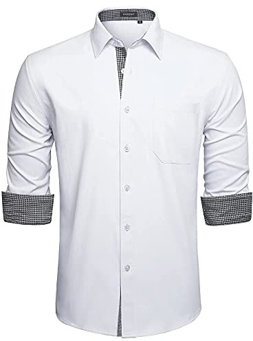 HISDERN Men's White Dress Shirt Long Sleeve Formal Regular Fit Smart Stretch Shirt for Men Adult Button Down Designer Business Wedding Non Iron with Pockets,White3,L