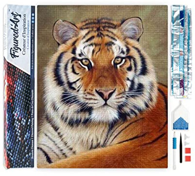 Figured’Art Diamond Painting Broderie Diamant 40x50cm Toile Entière Roulée avec Strass Perles Carrés - Regard de Tigre - Kit Complet Animaux 5D DIY Activité Manuelle Loisirs Créatifs Adultes