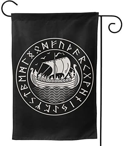 NIBABA Wikinger Drakkar Gartenflagge, 30 x 45 cm, Antike skandinavische Runensymbole, Altnordischer Stil, Doppelseitiger Druck, Wetterfest, Polyester, Schwarz, Unisex, Alle Gelegenheiten, Außenbereich