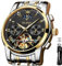 OLEVS Automatische mechanische Herren-Armbanduhr, luxuriöse Dress-Watch, wasserdicht, selbstaufziehend, Mondphase-Chronograph, Edelstahl, leuchtend, Datum, Tourbillon Armbanduhr für Herren