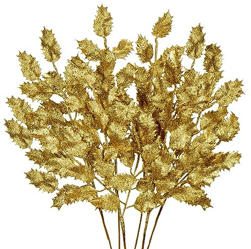 6PCS Kunstzweig Weihnachtsdeko Kunstpflanze Weihnachtsblätter Zweig Glitzernde Eichenblätter Dekozweig mit Glitzern, Länge 58CM