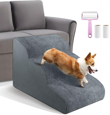 Dog Stairs 3 Steps for Small Dogs Cats Grey, Dog Steps Pet Ramp Ladder for Sofa Bed Non-Slip Foam with Removable Washable Cover, Send Lint Sticky Roller Set