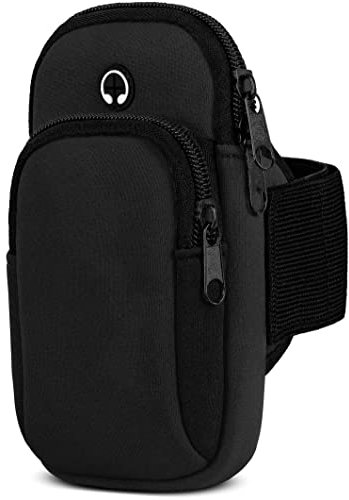 moex Handytasche Joggen für Apple iPhone 14 Pro Max Sportarmband Handy aus Neopren, Handyhalterung Arm zum Laufen Sport Armband, Laufarmband mit 2 Fächern, Lauftasche Jogging - Schwarz