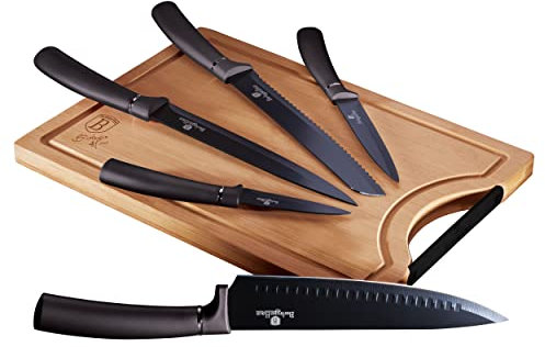 Berlinger Haus Carbon Pro Juego 5 Cuchillos Cocina Profesional Tabla Cortar Bambú, Hoja Acero Inoxidable Recubrimiento Antiadherente, Cocinero, Cebollero, Pan, Rebanador, Pelar, Diseño Metallic Line