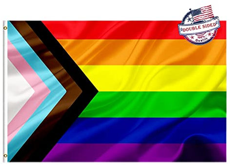 Progress Pride Flagge, 5x7.6 cm, doppelseitig, strapazierfähig, 3-lagig, LGBT-Community, Gay-Pride, Lesbischer Transgender, 2 Reihen genähter Rand, Leinwandkopf mit 2 Messingösen