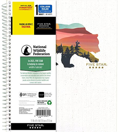 Five Star Spiral-Notizbuch + Lern-App, 1 Thema, liniertes College-Papier, 27,9 x 21,6 cm, 80 Blatt, 1 Stück (820088FM)