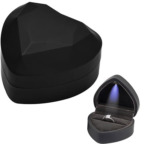 Jinlaili Caja de Anillo Con Luz LED, de Terciopelo, Joyero de Corazón Para Propuesta, Compromiso, Boda y Festival (Negro)