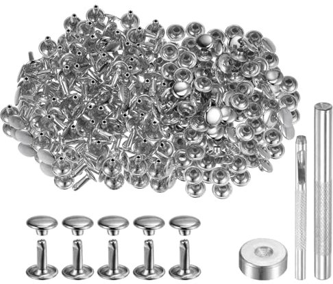 QUARKZMAN 200 Juegos Remaches de Cuero 9mm x 10mm Metal Doble Tapa Remaches Broches de Presión Remaches de Tachuelas Con 3 Instalación Herramientas para Manualidades Tono Plateado