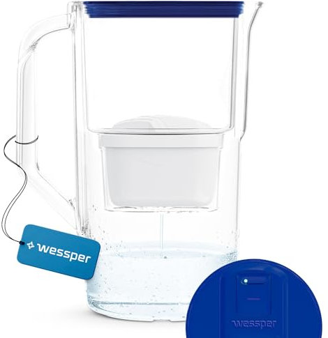 Wessper Jarra Filtradora de Agua 2,8L con contador LED | Reemplazo para Dafi Unimax Aquaphor A5 BRITA Maxtra+ PHILIPS AWP212/10, Filtro Reduce la cal y Cloro | Jarra Filtrante + 1x cartucho | Azul