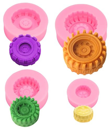 4 Piezas Moldes de Silicona 3D para Fondant, con 4 Forma de Rueda de Camiones, Molde de Silicona Redondo para Hornear, Fácil de Desmoldar, Antiadherente, para Chocolate, Pasteles, Jabón, Artesanía