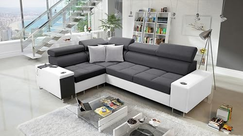 All4All Ecksofa mit Schlaffunktion Margo II 283x207 cm - Schlafsofa mit Bettkasten - Sofa in L-Form - für 4 Personen - Seite Links - Gewebe mit Kunstleder - Dunkelgrau/Weiß - Modern 26
