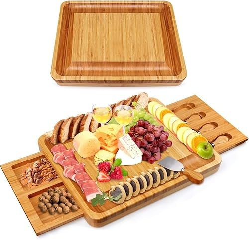 Large Bamboo Cheese Board Set | with 4 Piece Stainless Steel Cheese Knives | Slide out Utensil Holder | Serving Platters | Charcuterie Board | Wedding Present or Housewarming Gifts