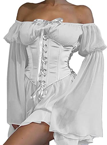 XKBHYD Ladies Two Piece Sets Corset Dress Off Shoulder Bell Sleeve Chiffon Dresses Womens Lace-Up Mini Bustier Party Dress White