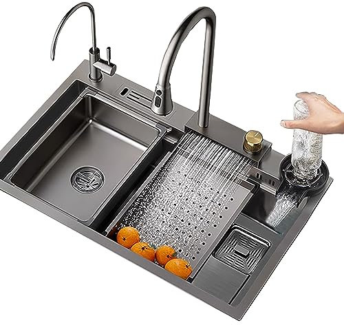 KUANGGE Kitchen SinkUndermount Kitchen Sink, Raindance Waterfall Sink Home Vegetable Basin 304 Stainless Steel Single Sink Outdoor Campervan Sink Domestic Sink Set, Integrated Sink With Cup Washer