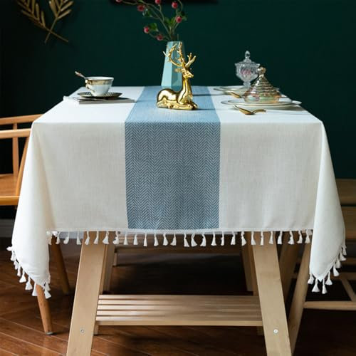Lifetooler Tischdecke Abwaschbar Leinen Baumwolle Rechteckig Tischtuch Gestreift Design mit Quasten Tischdecke Wasserdicht für Outdoor Garten und Home Küche Dekoration (Weiß,140x220cm)