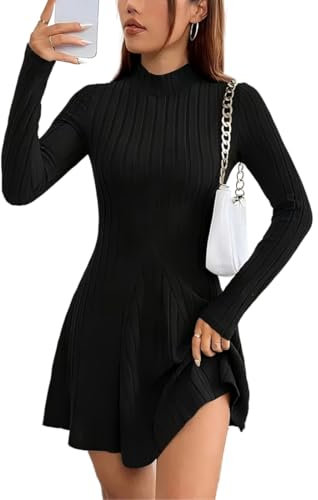 Hanaoops Winter Jumper Dress for Women Long Sleeve Round Neck Knitted Sweater Dresses Casual High Waist A-Line Short Jumper Dress Elegant Bodycon Party Tunic Dress Knitwear Pullover Mini Dress Black