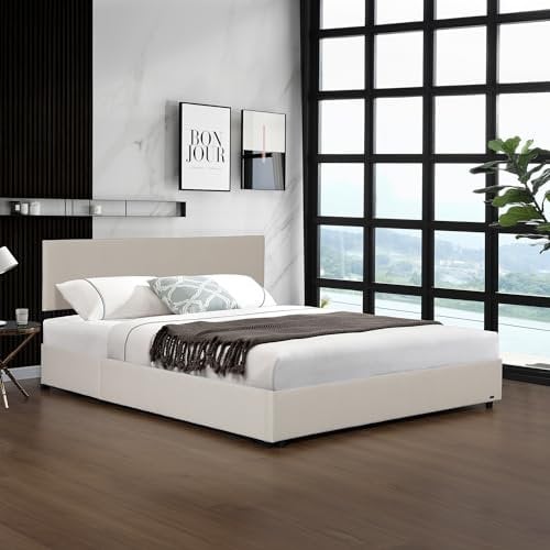 Corium Letto Doppio Contenitore con Apertura a Ribalta 180x200 cm Letto Matrimoniale con Spazio di Stoccaggio e Testiera Rivestimento in Velluto a Coste - Beige
